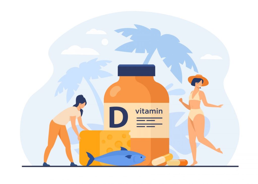 
tiny-women-eating-fatty-fish-vitamin-d-cheese-sunbathing-flat-vector-illustration